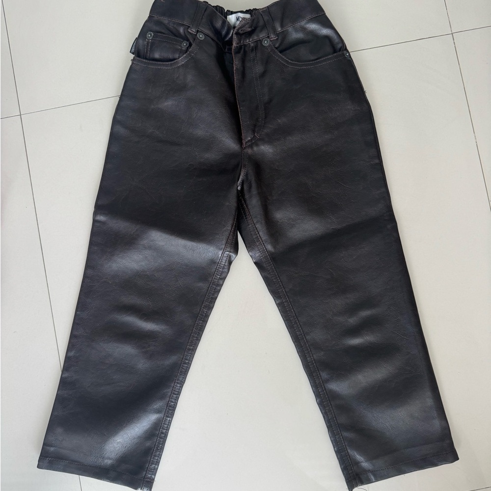 Moschino Black Faux Leather Pants with Red Patch